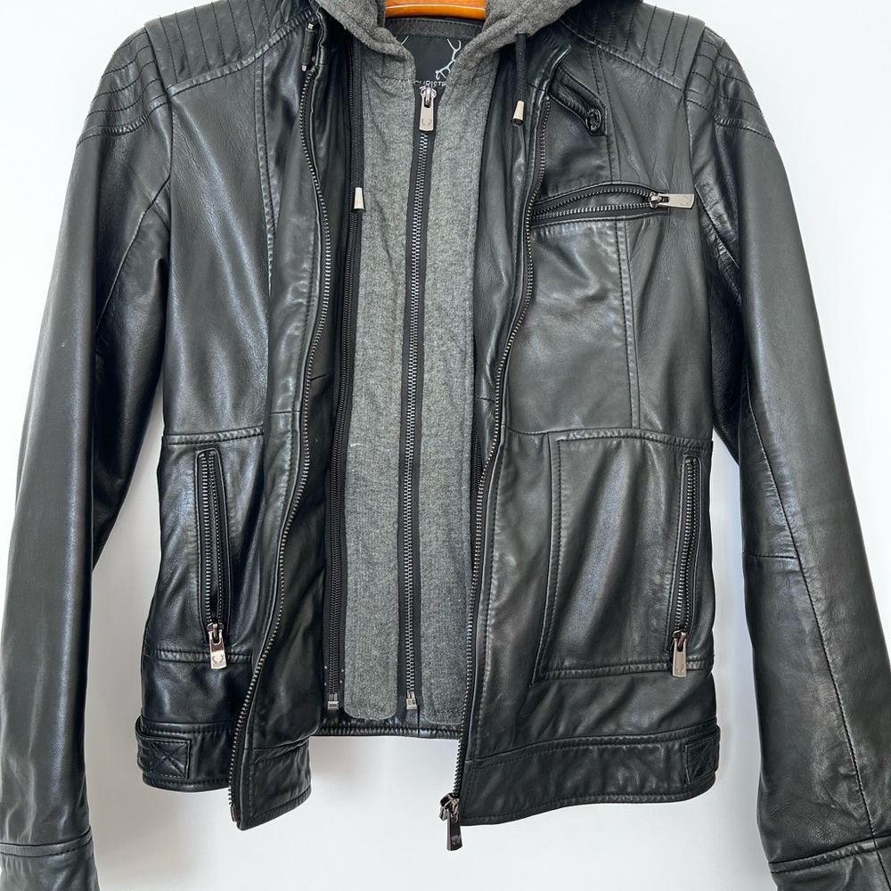 Stylish Black Leather biker Jacket with removable Gray Hoodie